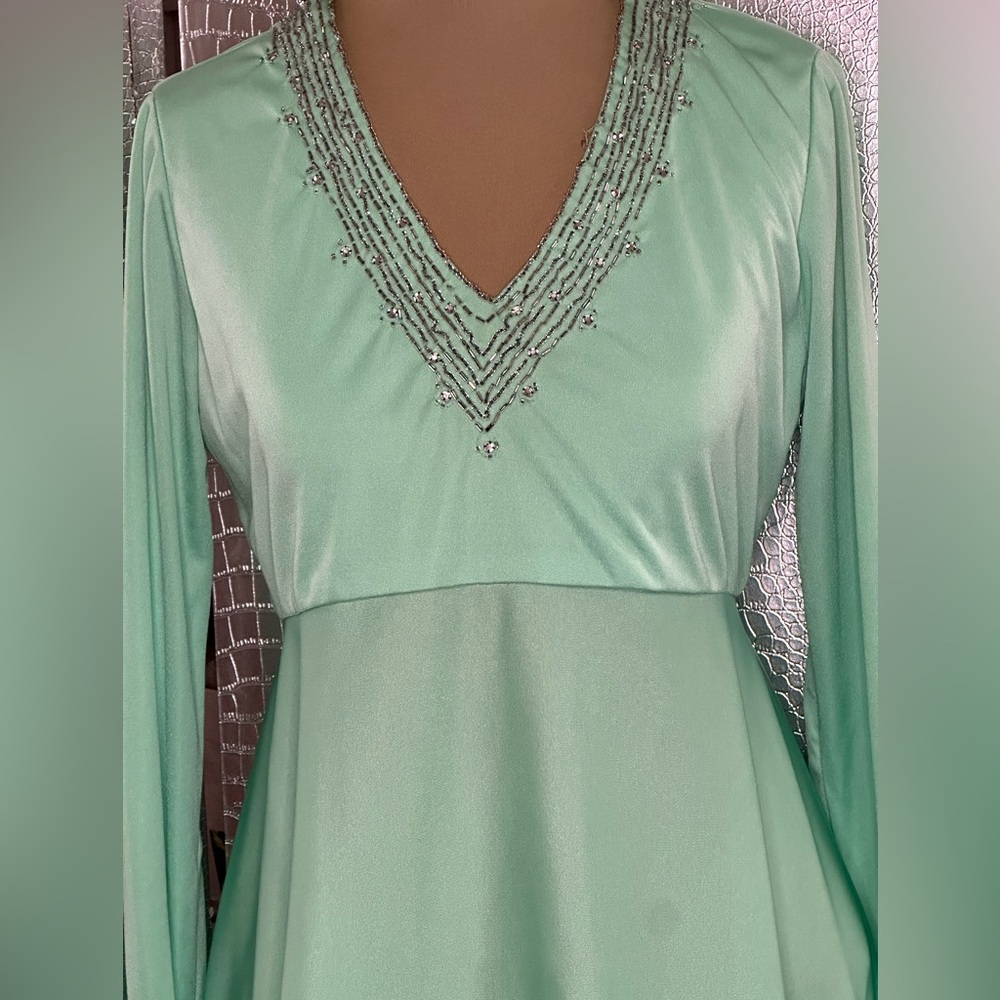 Kay Kipps New York Vintage Elegant Beaded Mint Green Long Sleeve Evening Dress - Picture 3 of 14